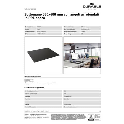 Sottomano Durable 53x40 cm con bordi arrotondati in PPL opaco nero - 7132-01